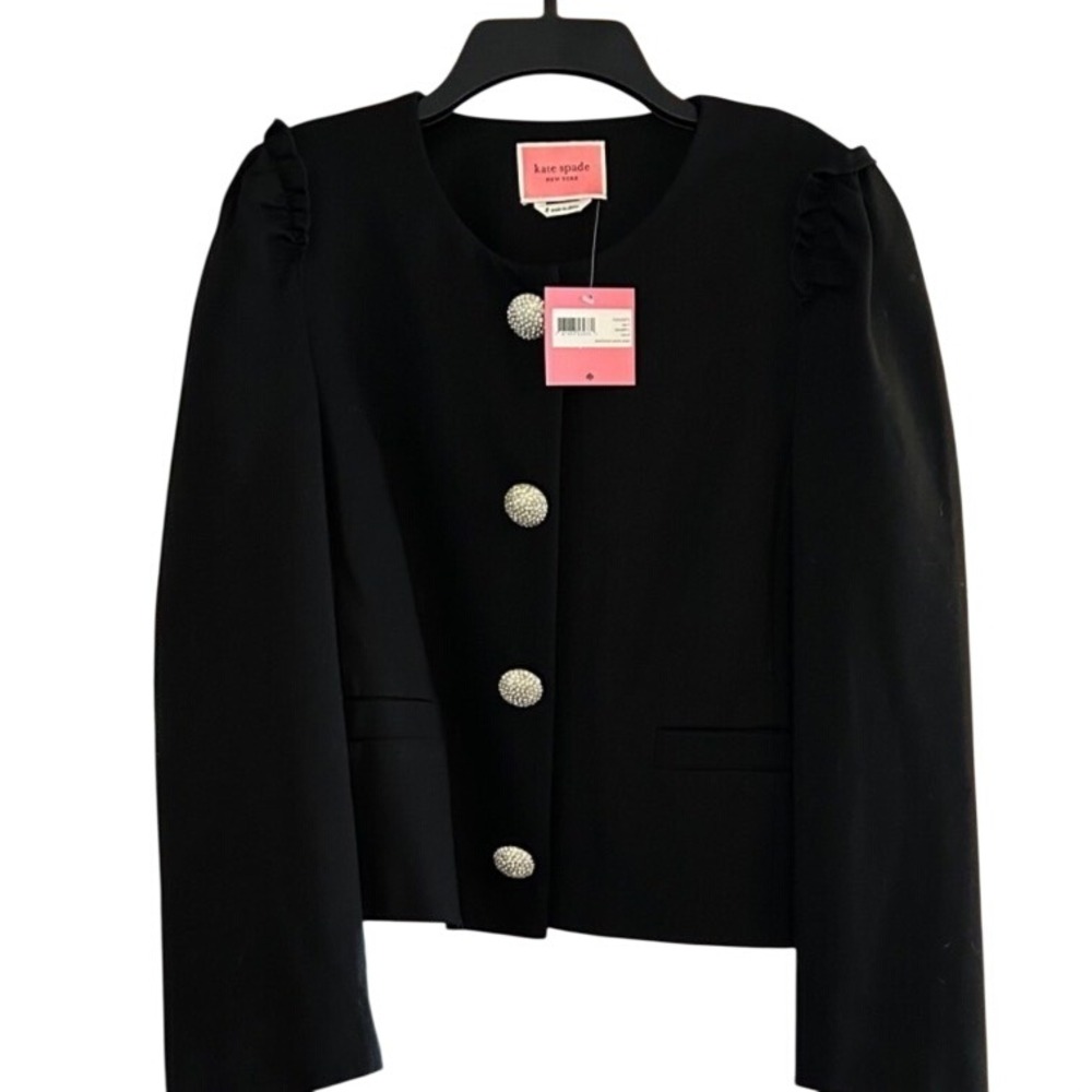 Kate Spade Jewel Button Ponte Jacket Black Ruffle Shoulder NJMUA893 Size 8 NEW